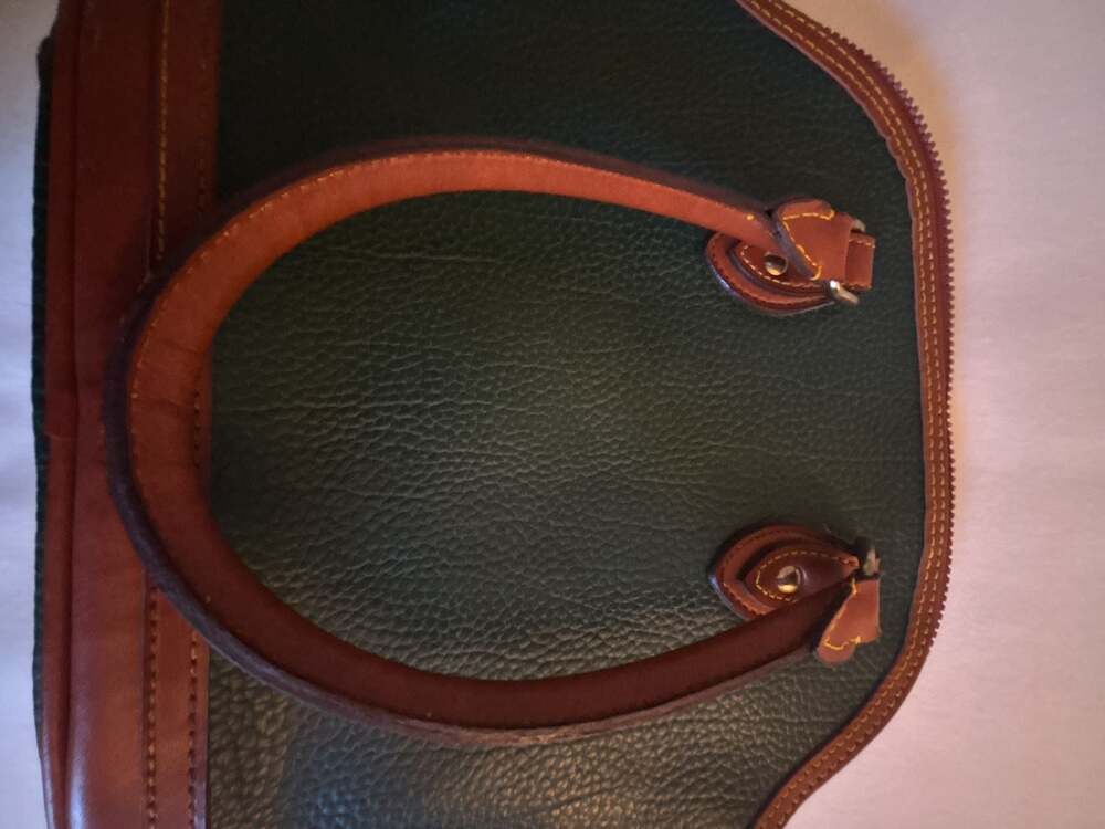 Vintage Dooney & Bourke All-Weather Leather Dome Satchel Bag Green and Tan - Picture 6 of 10